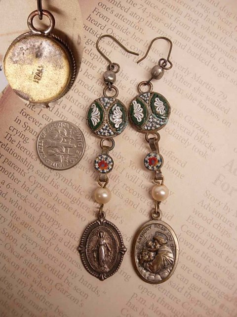 Micromosaic earrings St Anthony Miraculous Mary Religious drop Italy