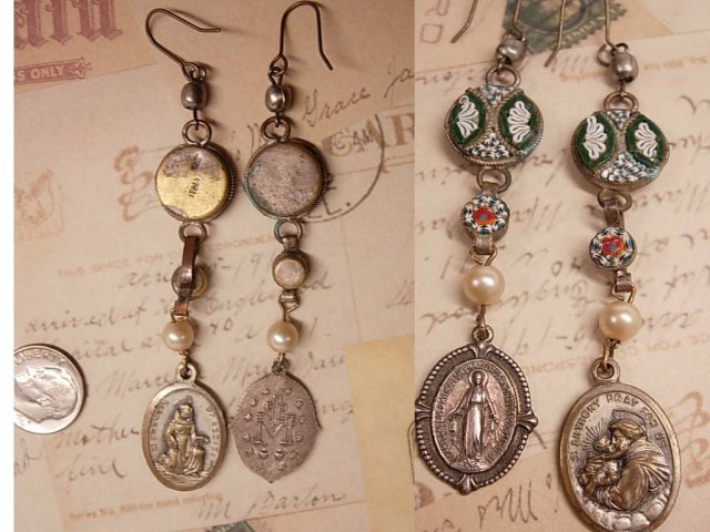 Micromosaic earrings St Anthony Miraculous Mary Religious drop Italy