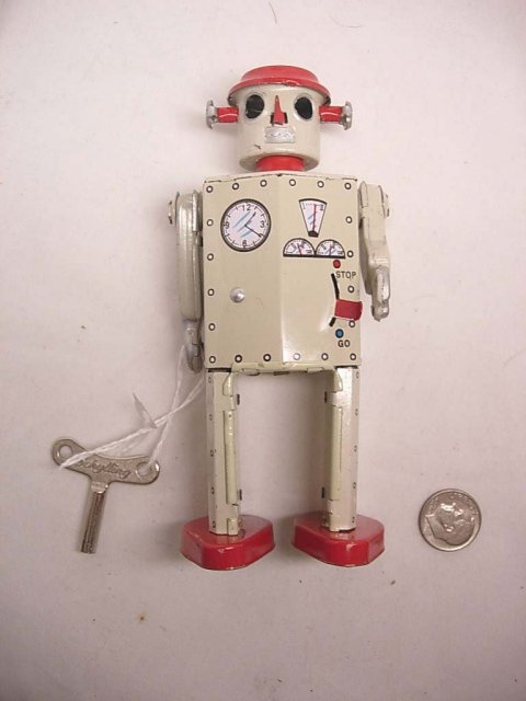 VIntage wind up Robot with key Japanese tin litho and he works great