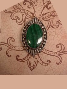 VIntage art Deco sterling Malachite Talisman relief work brooch