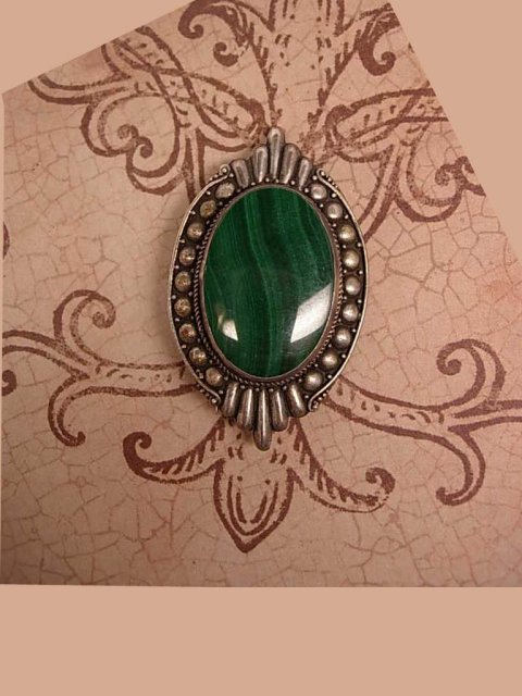 VIntage art Deco sterling Malachite Talisman relief work brooch