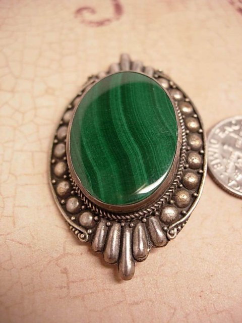 VIntage art Deco sterling Malachite Talisman relief work brooch