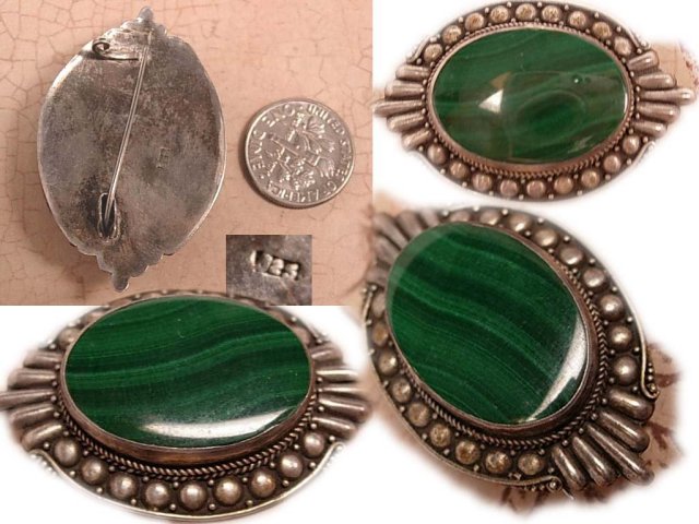 VIntage art Deco sterling Malachite Talisman relief work brooch