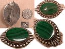 VIntage art Deco sterling Malachite Talisman relief work brooch