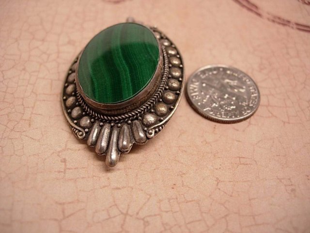 VIntage art Deco sterling Malachite Talisman relief work brooch