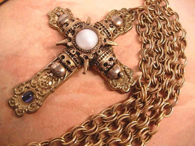 Huge gothic medieval moonstone cross necklace