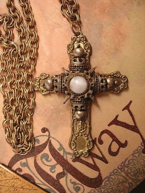 Huge gothic medieval moonstone cross necklace