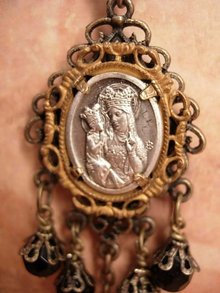 Gothic Antique St Anne with antique crucifix festoon glass necklace