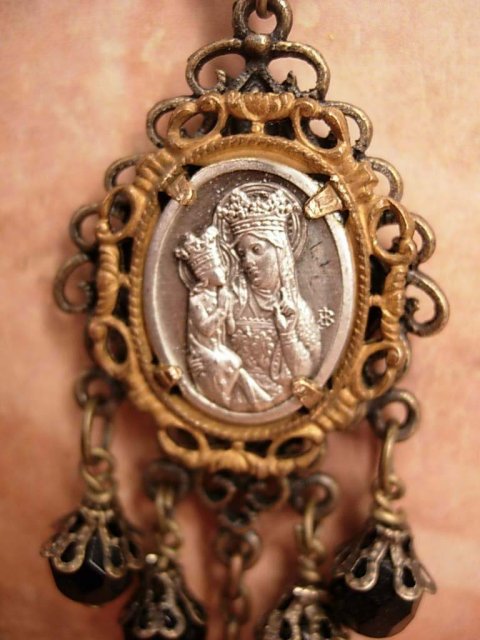 Gothic Antique St Anne with antique crucifix festoon glass necklace