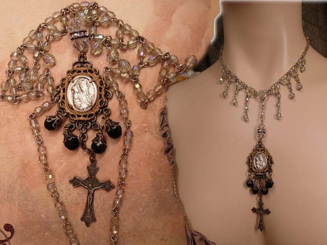 Gothic Antique St Anne with antique crucifix festoon glass necklace