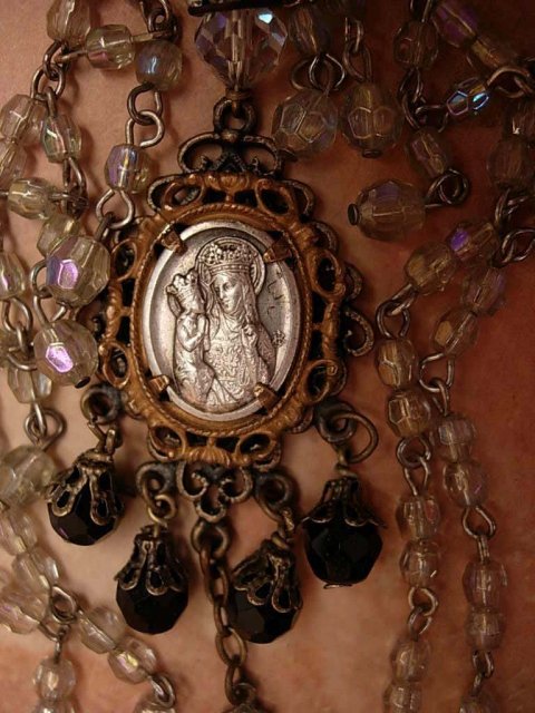 Gothic Antique St Anne with antique crucifix festoon glass necklace