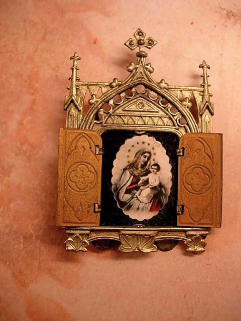 ANtique Miniature Traveling Religious Icon Shrine with hinged doors