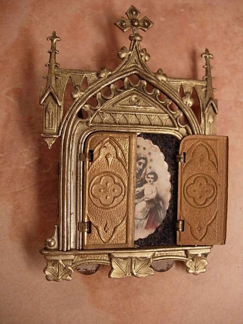 ANtique Miniature Traveling Religious Icon Shrine with hinged doors