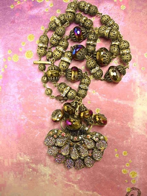 Vintage Lava Glass Filigree Necklace Fire like colors Sugar stones Purple pink Germany clasp rhinestone rondells Peacock colors