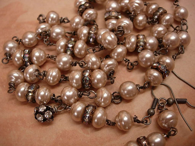Vintage Genuine Baroque pearl chandelier necklace and earrings with rhinestone roundels