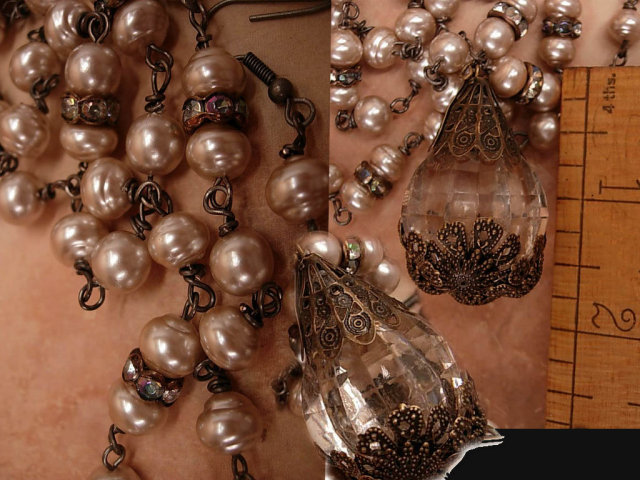 Vintage Genuine Baroque pearl chandelier necklace and earrings with rhinestone roundels