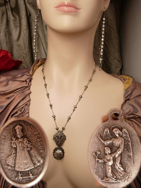 Vintage Sterling sacred Heart Necklace with marcasite deco clips