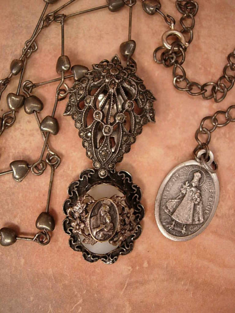 Vintage Sterling sacred Heart Necklace with marcasite deco clips