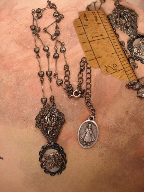 Vintage Sterling sacred Heart Necklace with marcasite deco clips