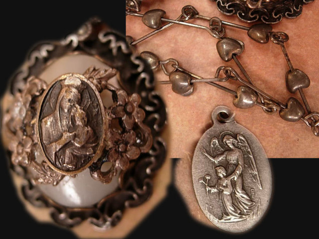 Vintage Sterling sacred Heart Necklace with marcasite deco clips