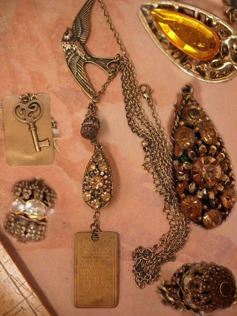 Vintage Religious Saint Esprit Holy DOve chatelaine necklace Lords Prayer fob