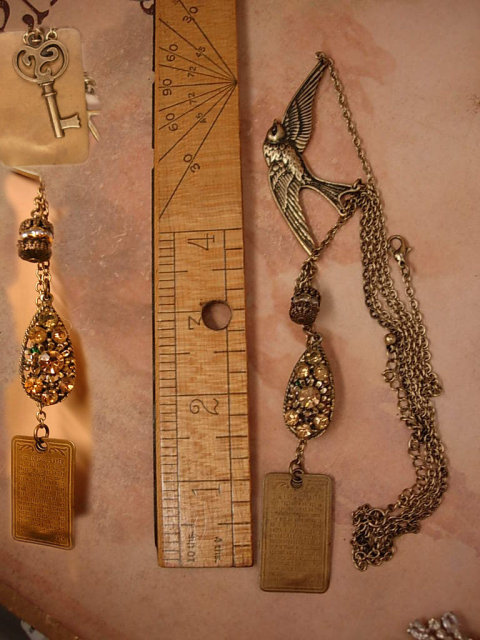 Vintage Religious Saint Esprit Holy DOve chatelaine necklace Lords Prayer fob