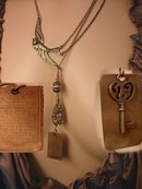 Vintage Religious Saint Esprit Holy DOve chatelaine necklace Lords Prayer fob