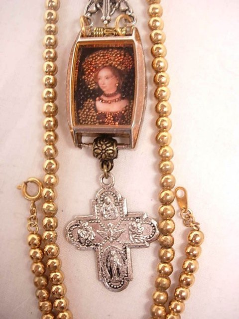 Jeweled Miniature portrait renaissance queen encased in glass Reliquary Shrine necklace with religious medals assemblage