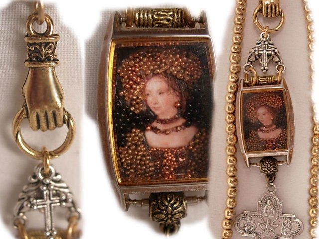 Jeweled Miniature portrait renaissance queen encased in glass Reliquary Shrine necklace with religious medals assemblage