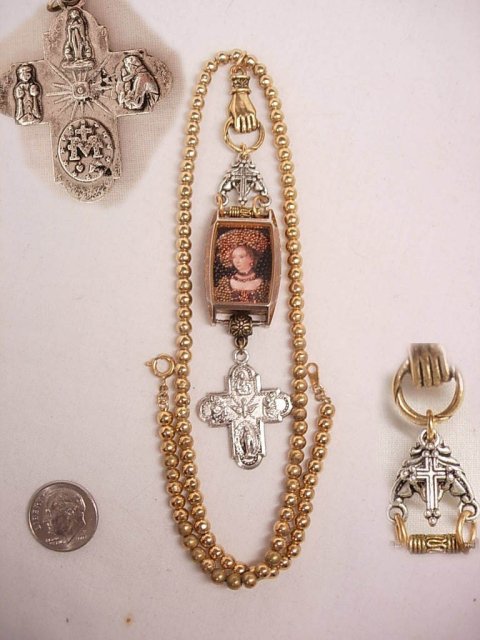 Jeweled Miniature portrait renaissance queen encased in glass Reliquary Shrine necklace with religious medals assemblage