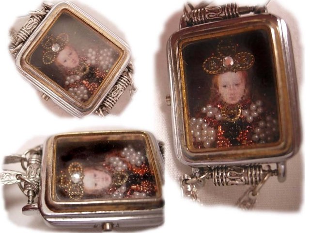 Jewelled Miniature portrait of Renaissance Queen with crown under glass necklace