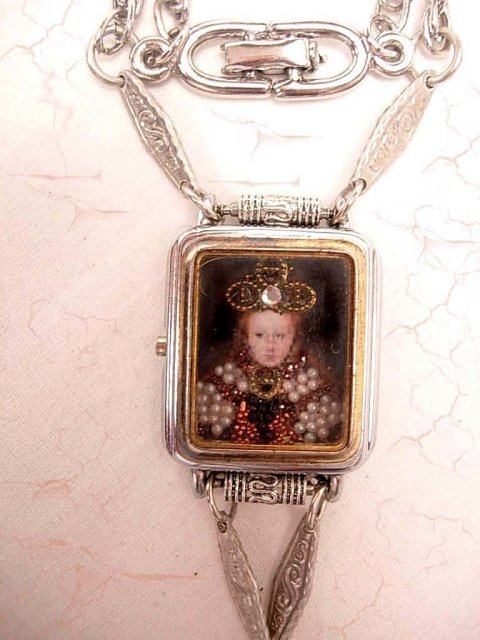 Jewelled Miniature portrait of Renaissance Queen with crown under glass necklace