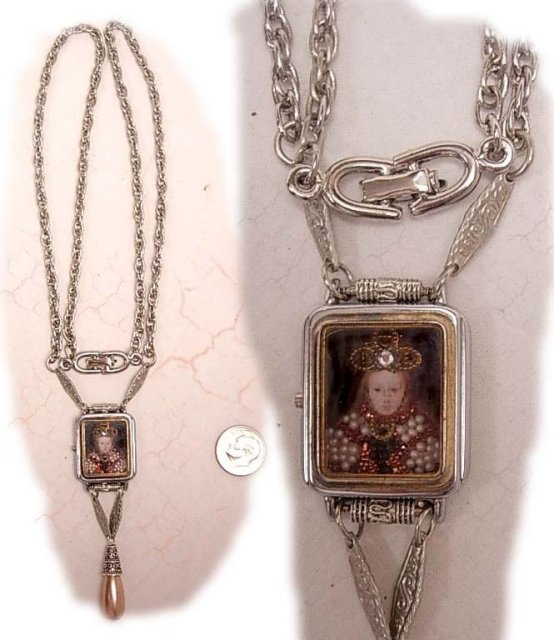 Jewelled Miniature portrait of Renaissance Queen with crown under glass necklace