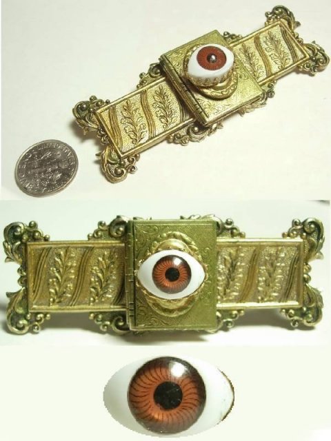 Bizarre Vintage Lovers EYE sentimental Memorial Raised relief LOCKET Sash PIn brooch
