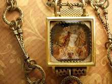 Painted miniature portrait jeweled Reliquary Shrine necklace Sterling medals and pearl fobs and more