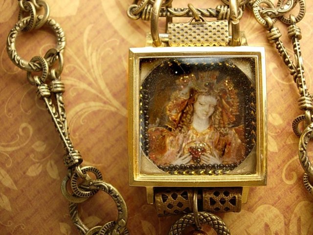 Painted miniature portrait jeweled Reliquary Shrine necklace Sterling medals and pearl fobs and more