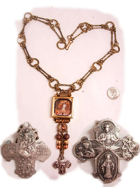 Painted miniature portrait jeweled Reliquary Shrine necklace Sterling medals and pearl fobs and more