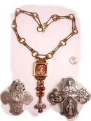 Painted miniature portrait jeweled Reliquary Shrine necklace Sterling medals and pearl fobs and more