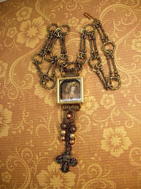 Painted miniature portrait jeweled Reliquary Shrine necklace Sterling medals and pearl fobs and more