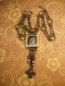 Painted miniature portrait jeweled Reliquary Shrine necklace Sterling medals and pearl fobs and more
