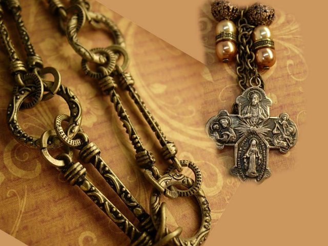 Painted miniature portrait jeweled Reliquary Shrine necklace Sterling medals and pearl fobs and more