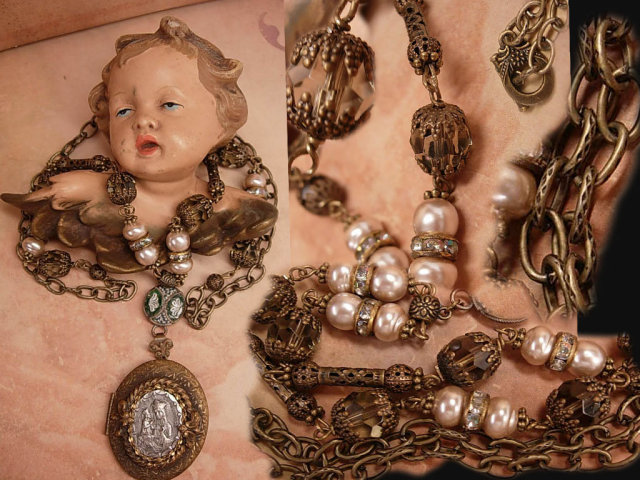 ANtique French Locket St Anne genuine pearl necklace