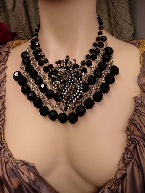 HUGE Black Festoon Rhinestone Collar necklace and earrings