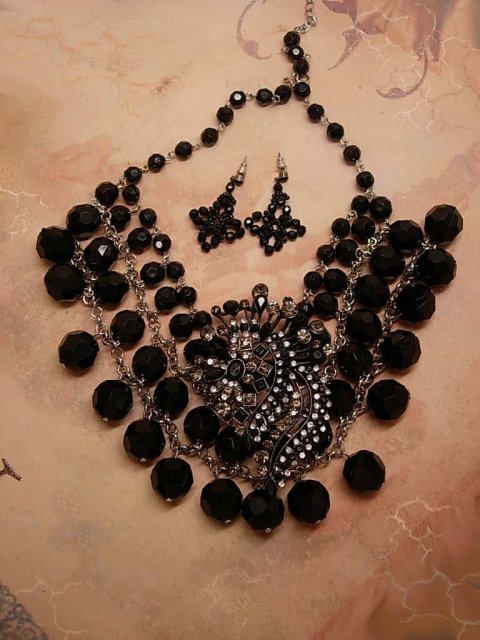 HUGE Black Festoon Rhinestone Collar necklace and earrings