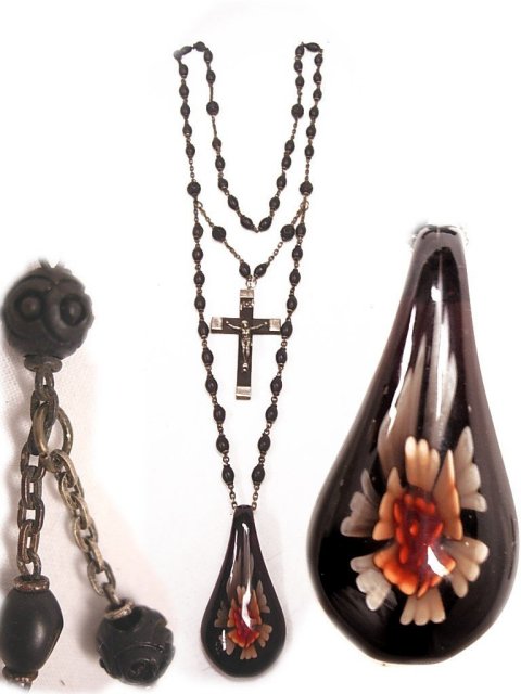 Antique gothic BLack France depose necklace with red glass rose drop and black crucifix