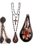 Antique gothic BLack France depose necklace with red glass rose drop and black crucifix