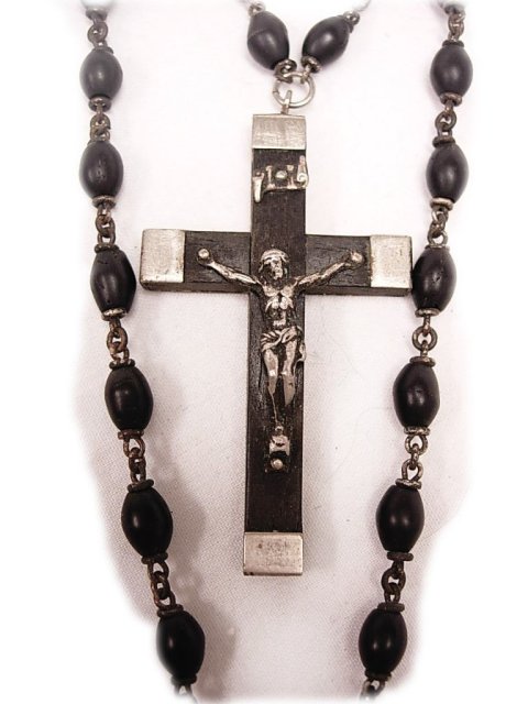 Antique gothic BLack France depose necklace with red glass rose drop and black crucifix