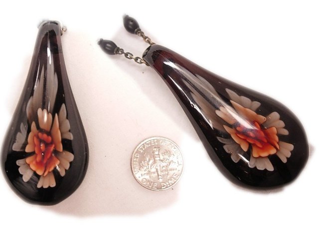 Antique gothic BLack France depose necklace with red glass rose drop and black crucifix