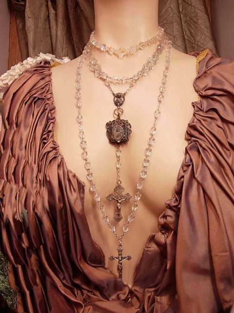 ANtique French Rosary necklaces Gothic sterling Glass and antique medal