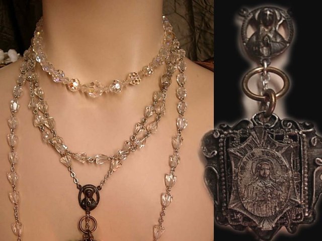 ANtique French Rosary necklaces Gothic sterling Glass and antique medal